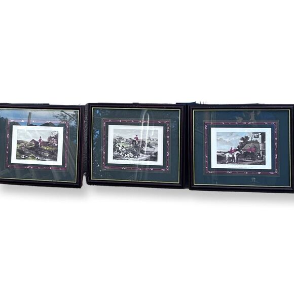 William J Shayer 20th Century French Framed Watercolor Hunt Scene Print Set of 3 - Picture 1 of 13
